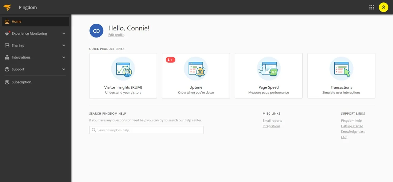 Pingdom website monitoring dashboard screenshot