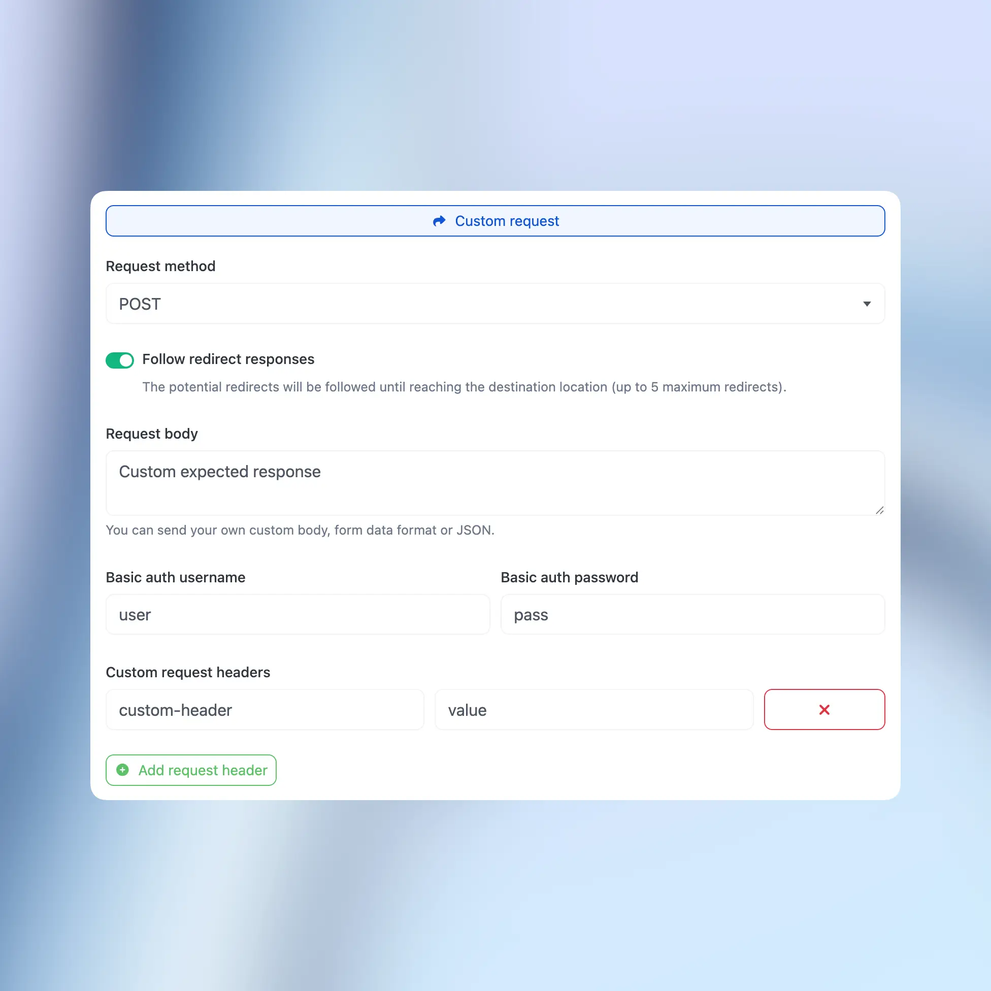 66uptime PHP script showing custom HTTP request settings