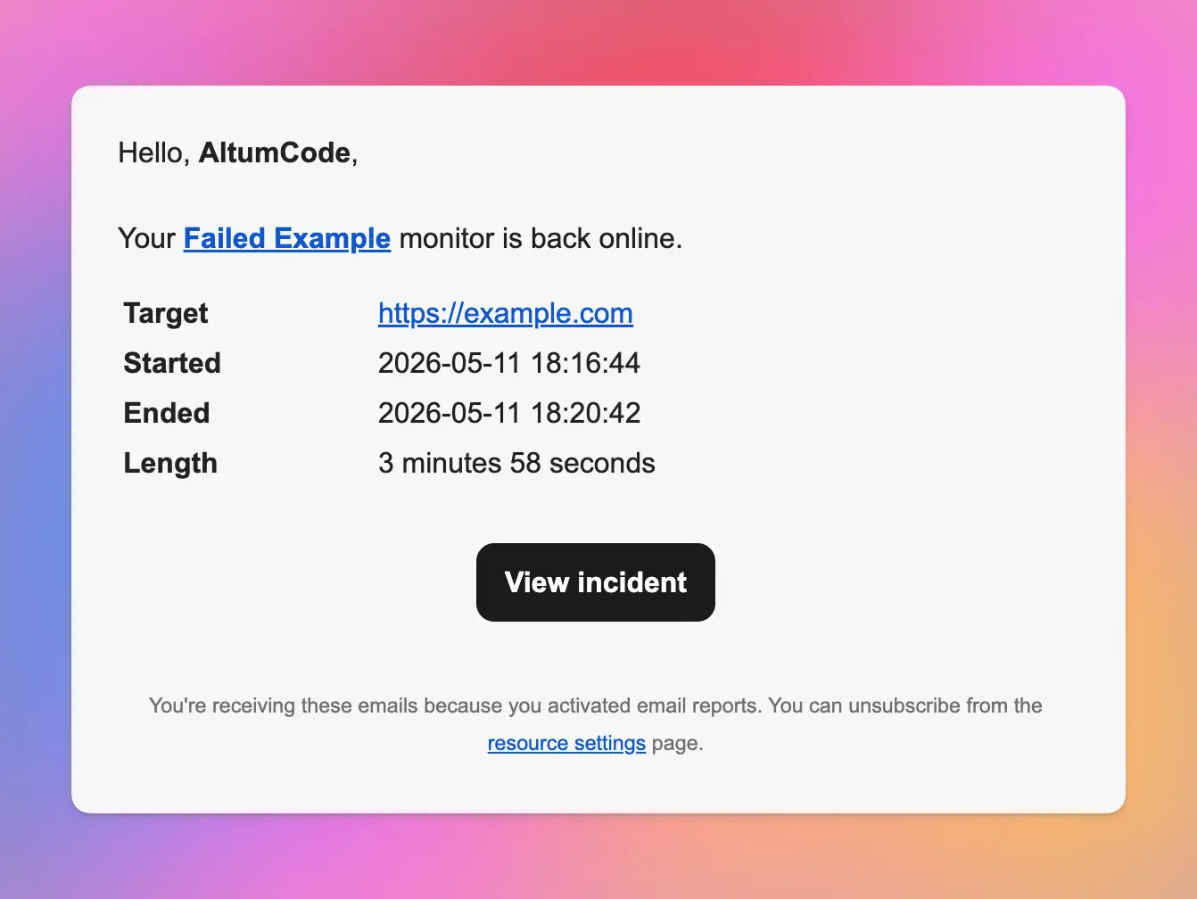 66uptime showing an email notification example for monitor alerts