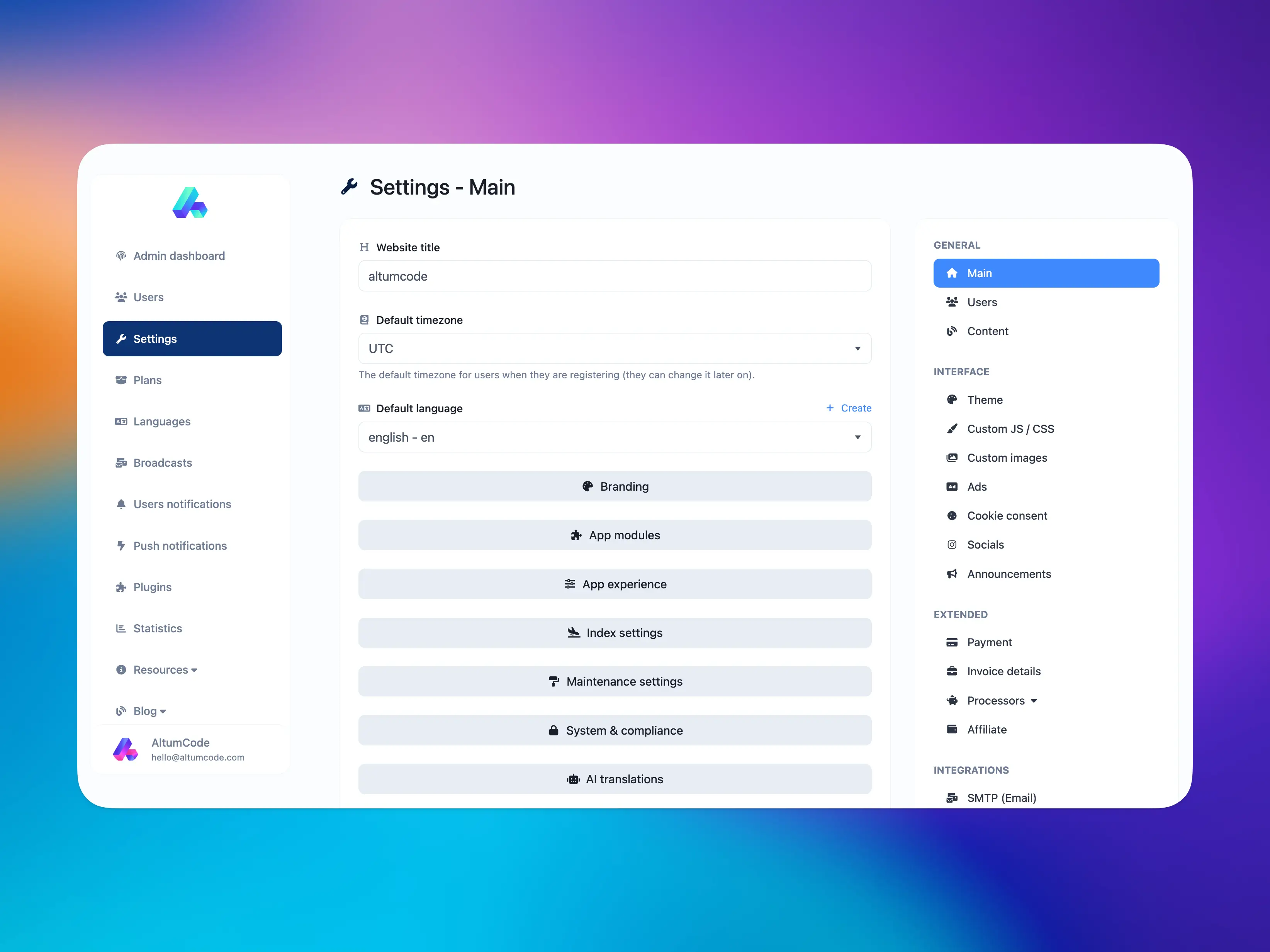 66uptime admin panel showing the main settings page