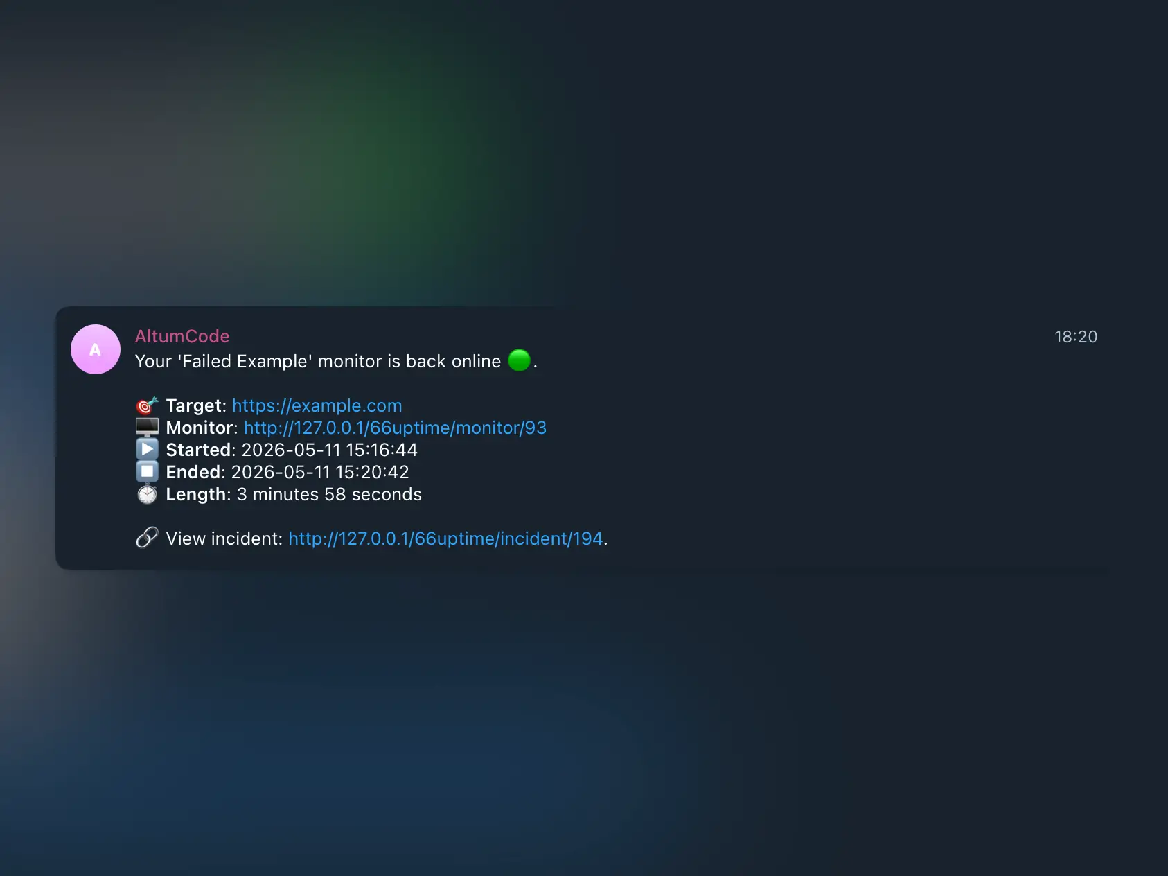 66uptime showing an telegram notification example for monitor alerts