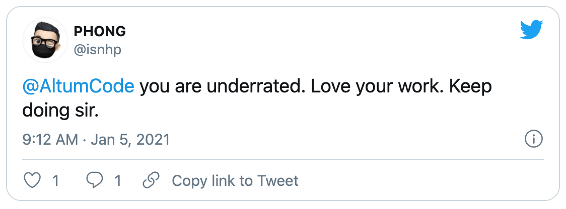 Screenshot of a tweet from PHONG praising AltumCode's work
